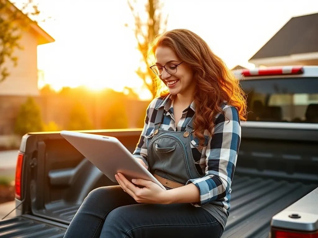A landscaper business owner smiling at a property while reviewing an estimate on a tablet.